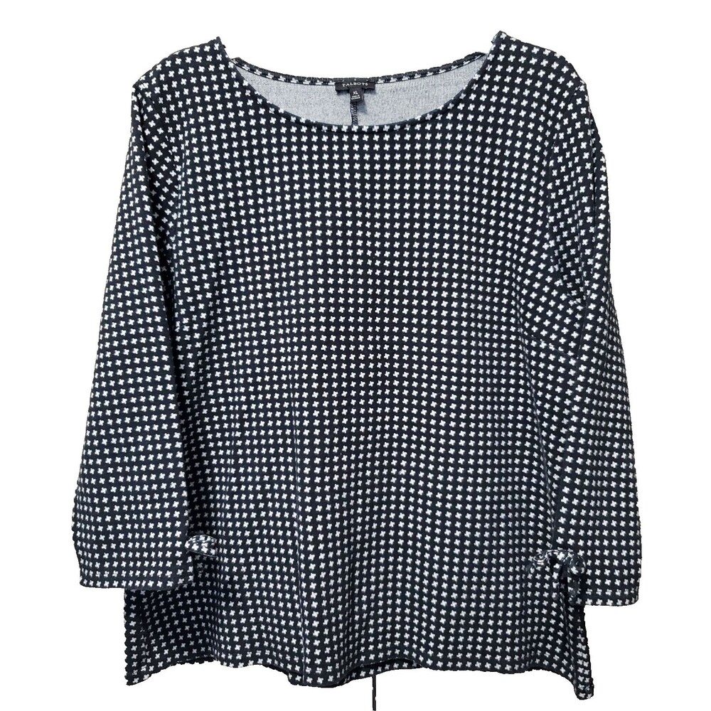 Talbots Black & White Geo Print Bow-Accent Knit Top Size XL